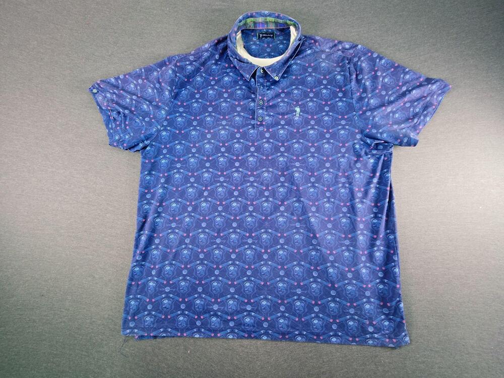 William Murray Polo Shirt Mens 3XL Blue Whiskey Cigar Golf Print Stretch Jersey